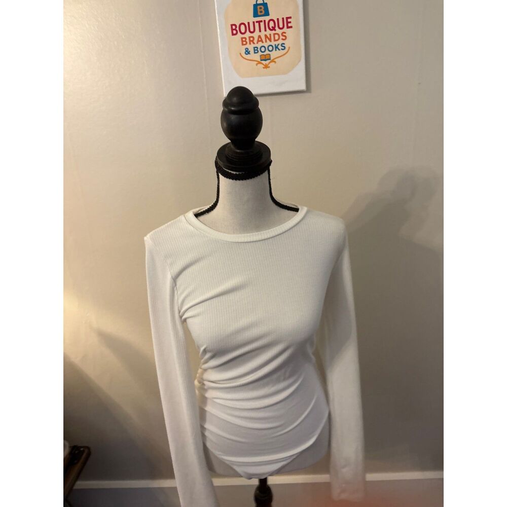 Wasabi + Mint White Ribbed Ruched Long-Sleeve Bodysuit